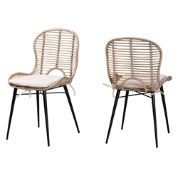 Baxton Studio Brenna Modern Bohemian Greywashed Rattan and Black Metal 2-Piece Dining Chair Set